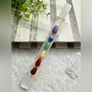 New Natural Shimmer Frosty Selenite Crystal Wand with Natural Chakra Gemstones